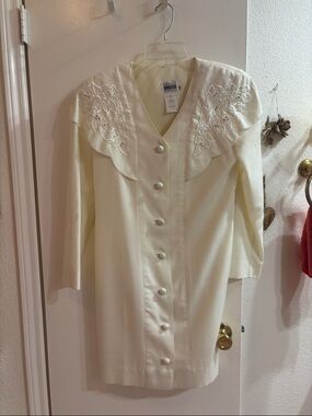 Cream Button-Front Dress with Embroidered Yoke